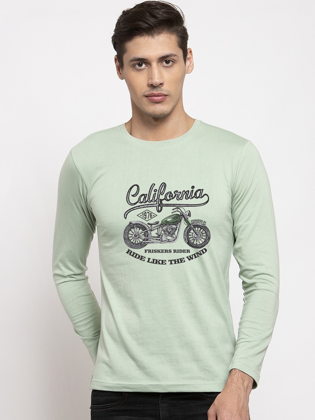 

Friskers Men Sea Green Slim Fit Printed Round Neck Cotton Pure Cotton T-shirt