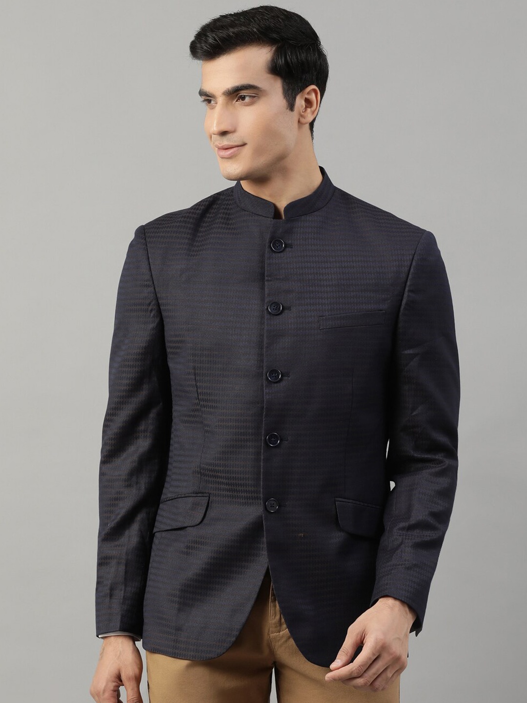 

HARSAM Men Navy Blue Self-Design Bandhgala Blazer