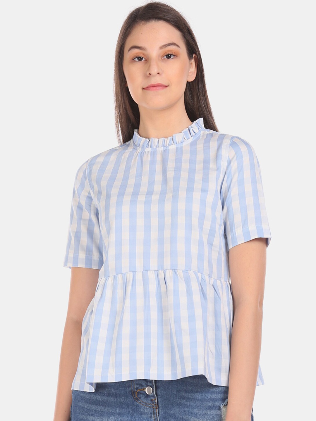 

Cherokee Women Blue Checked Peplum Top