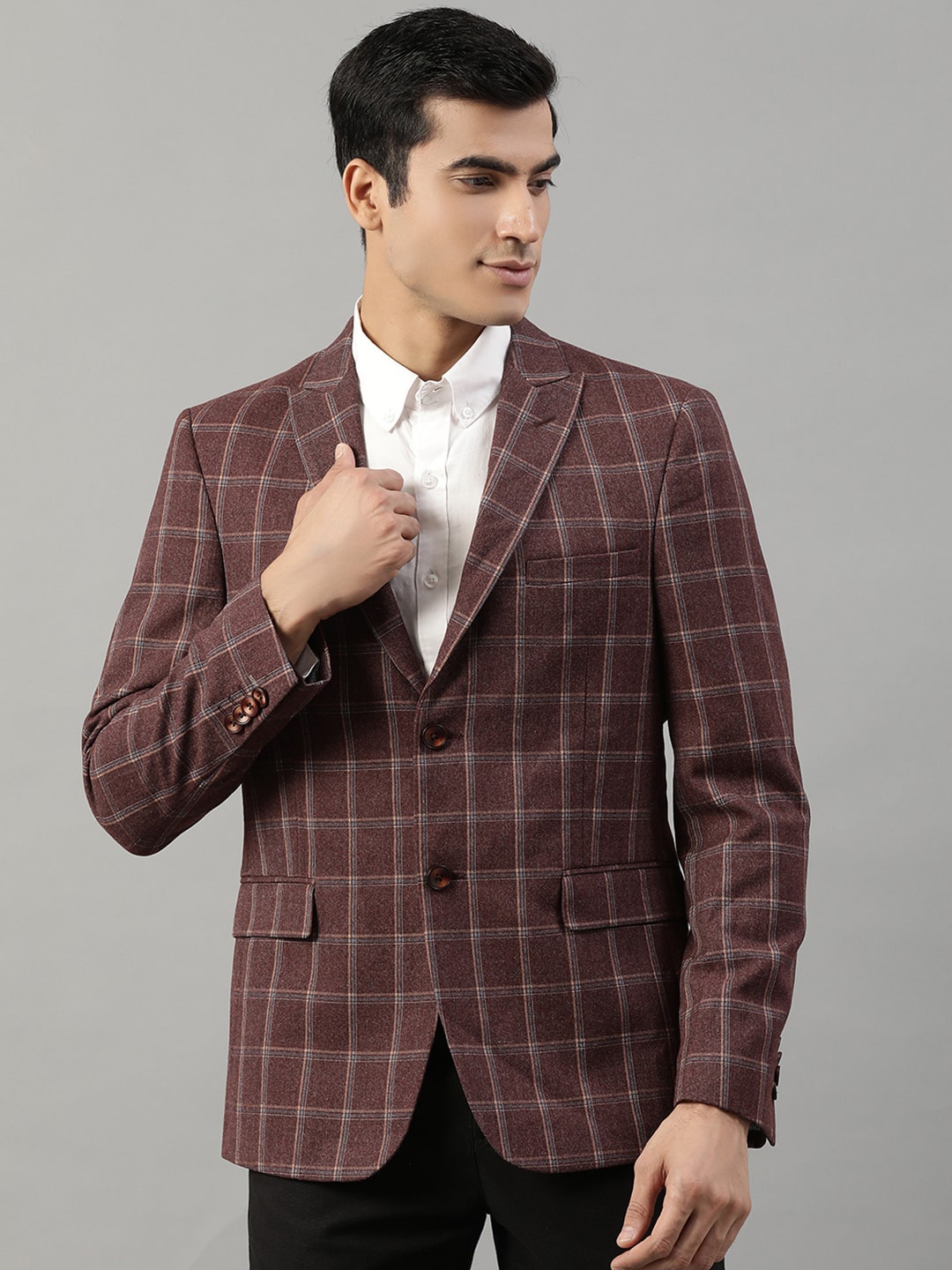 

HARSAM Men Maroon Checked Formal Blazer