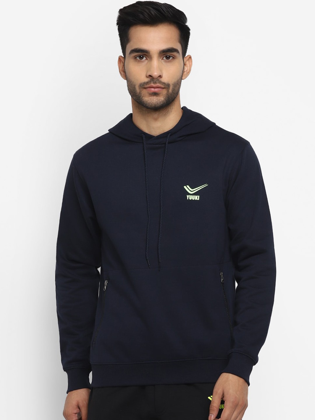 

Yuuki Men Navy Blue Solid Hooded Sweatshirt