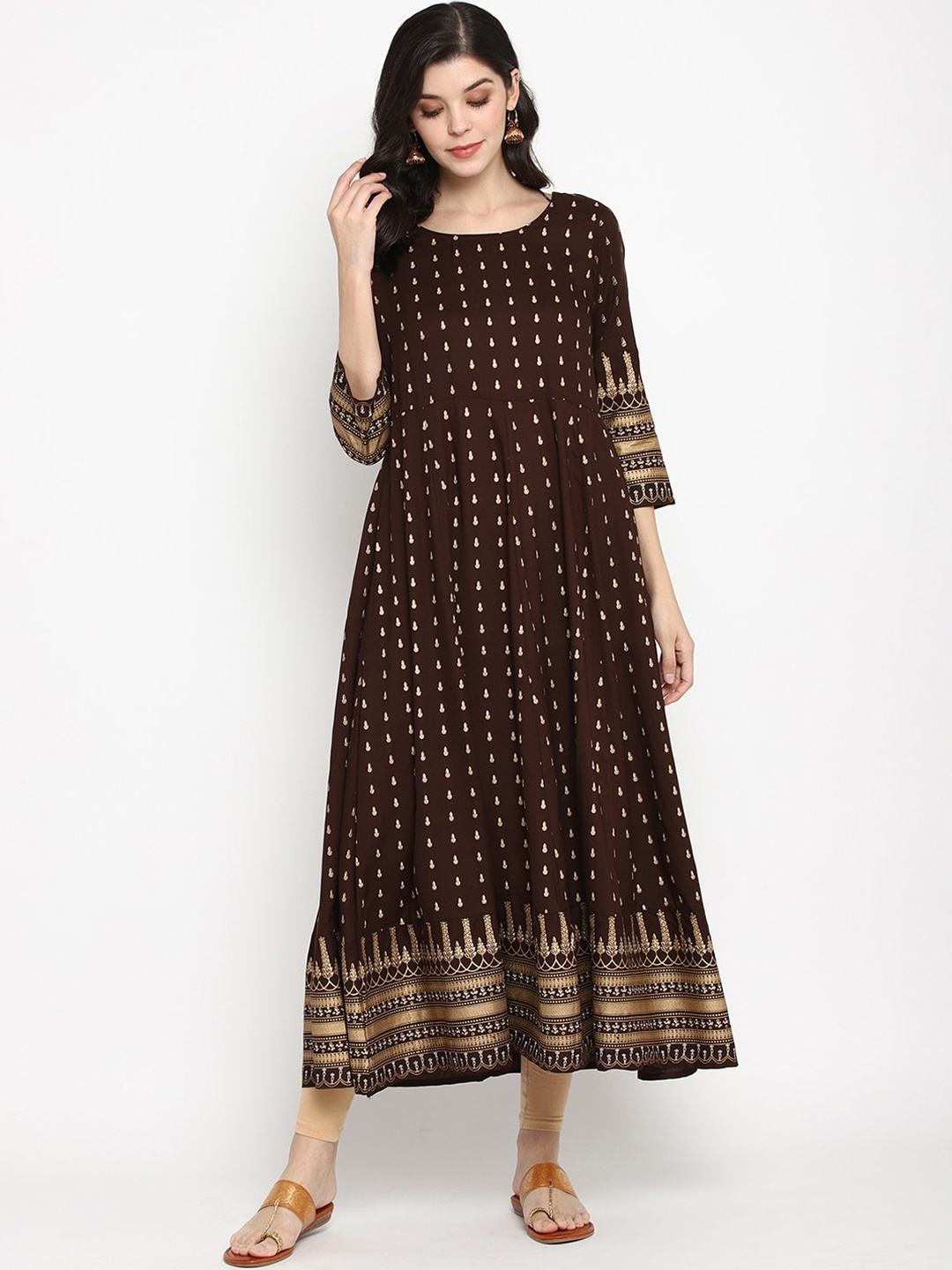 

Prakhya Women Brown & Gold-Toned Printed Anarkali Kurta