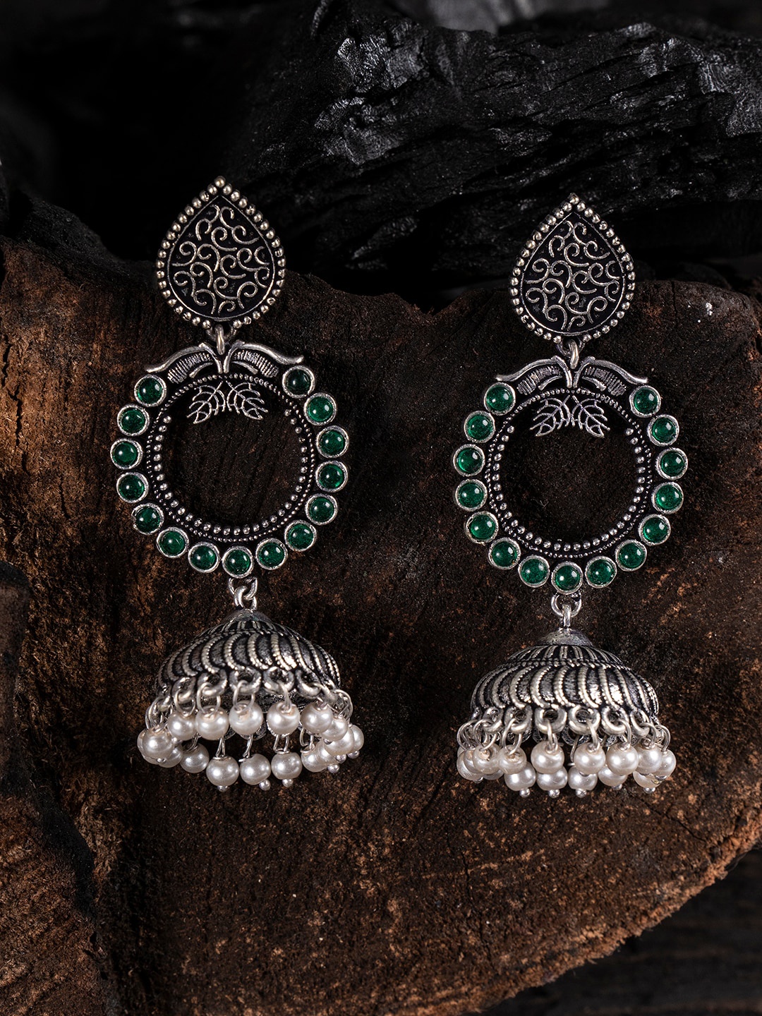 

Shoshaa Green Silver-Plated Dome Shaped Jhumkas