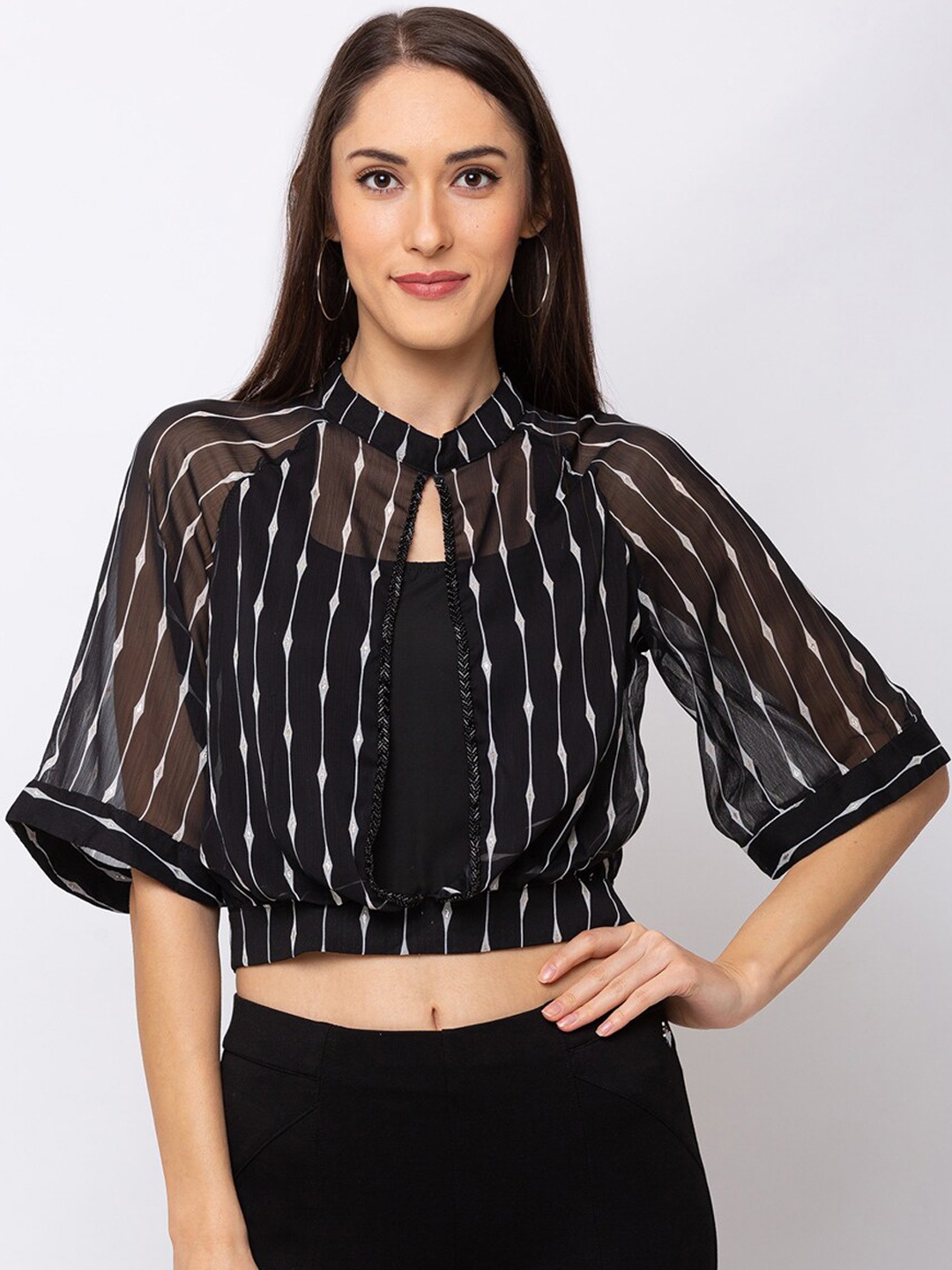 

SHECZZAR Women Black & White Printed Blouson Crop Top