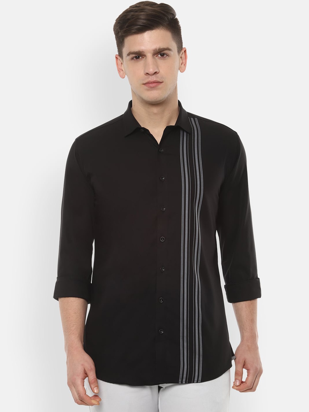 

V Dot Men Black & Grey Skinny Fit Striped Casual Shirt