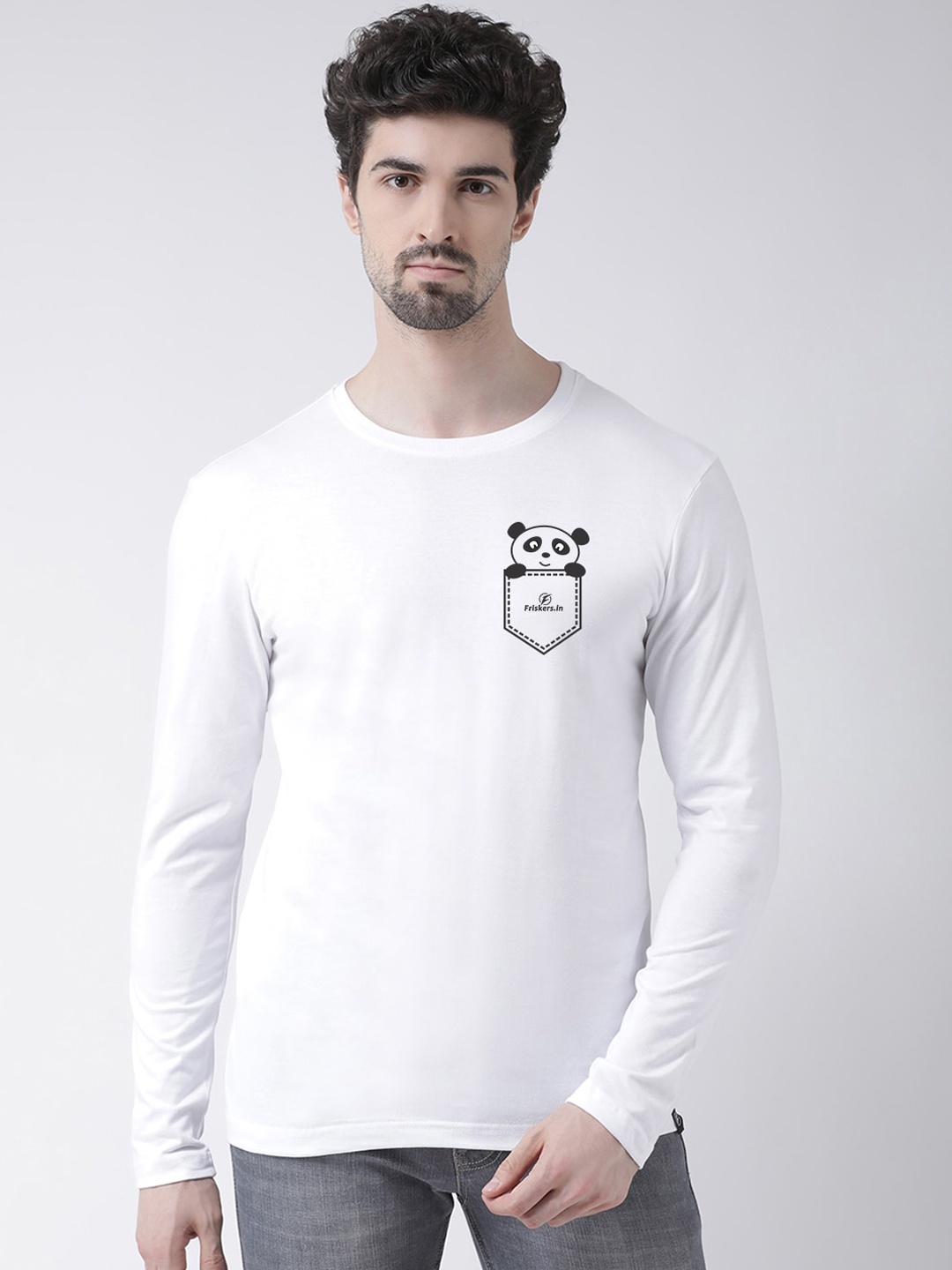 Friskers Men White & Black Printed Round Neck T-shirt