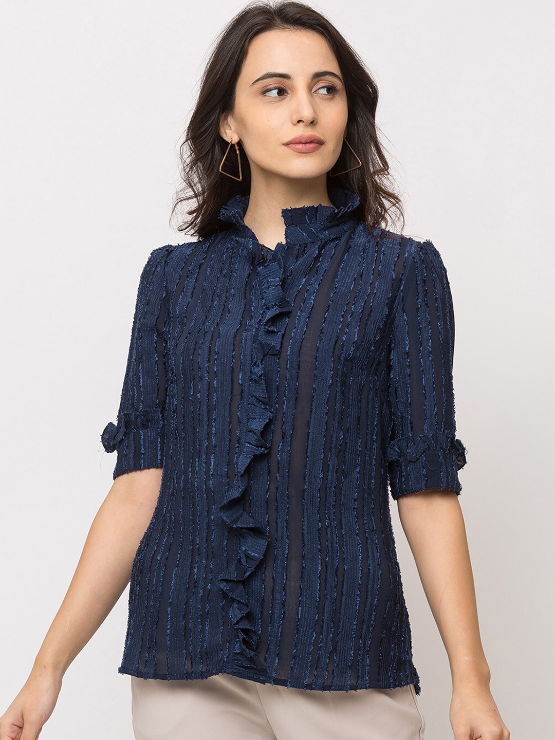 

SHECZZAR Women Navy Blue Solid Shirt Style Top