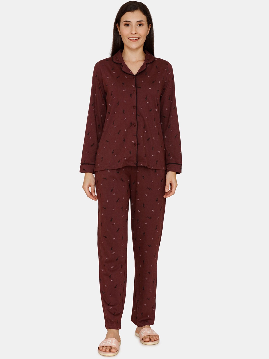 

Zivame Women Brown Printed Night suit