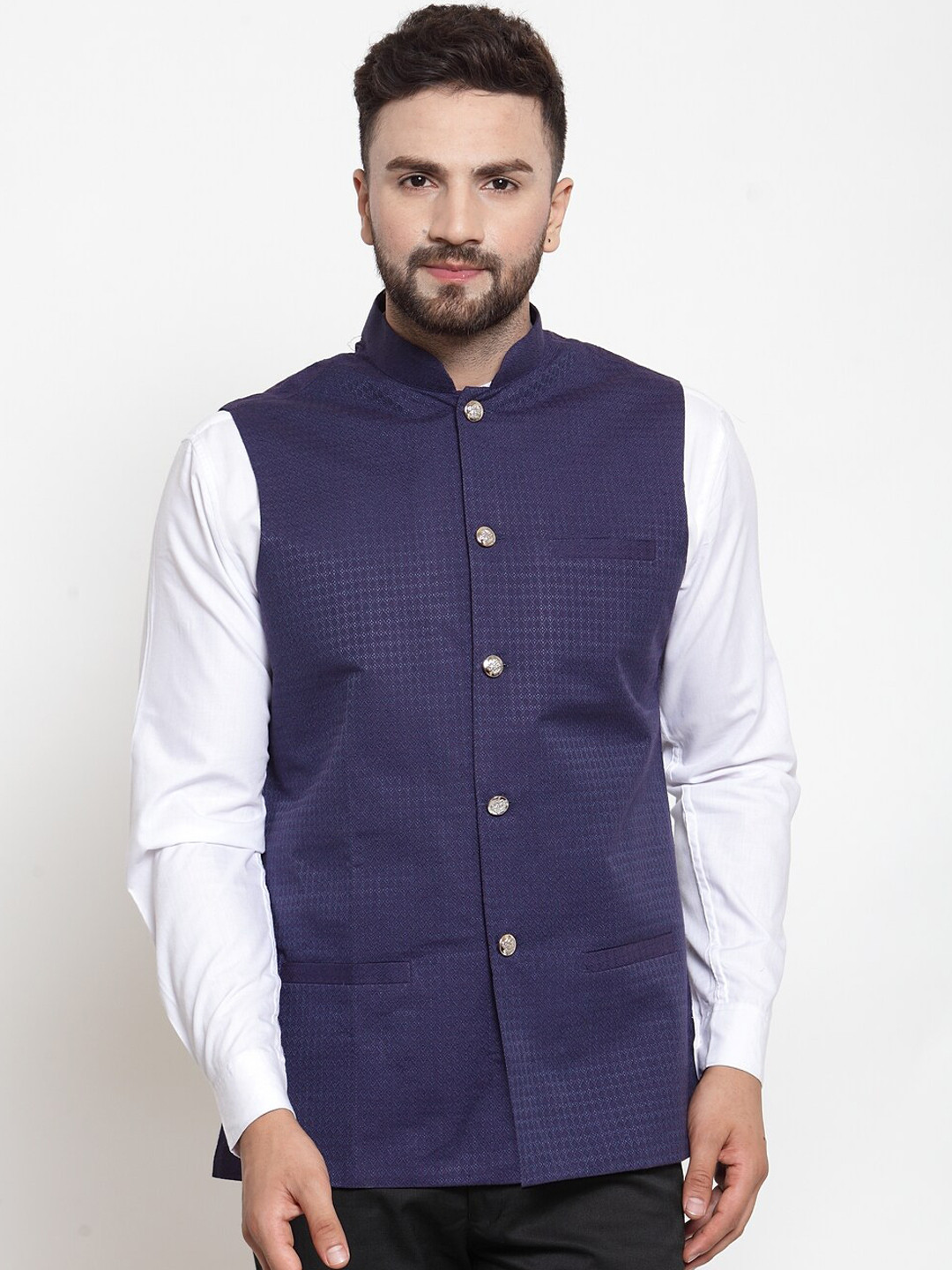 

Jompers Men Navy Blue Woven Design Nehru Jacket