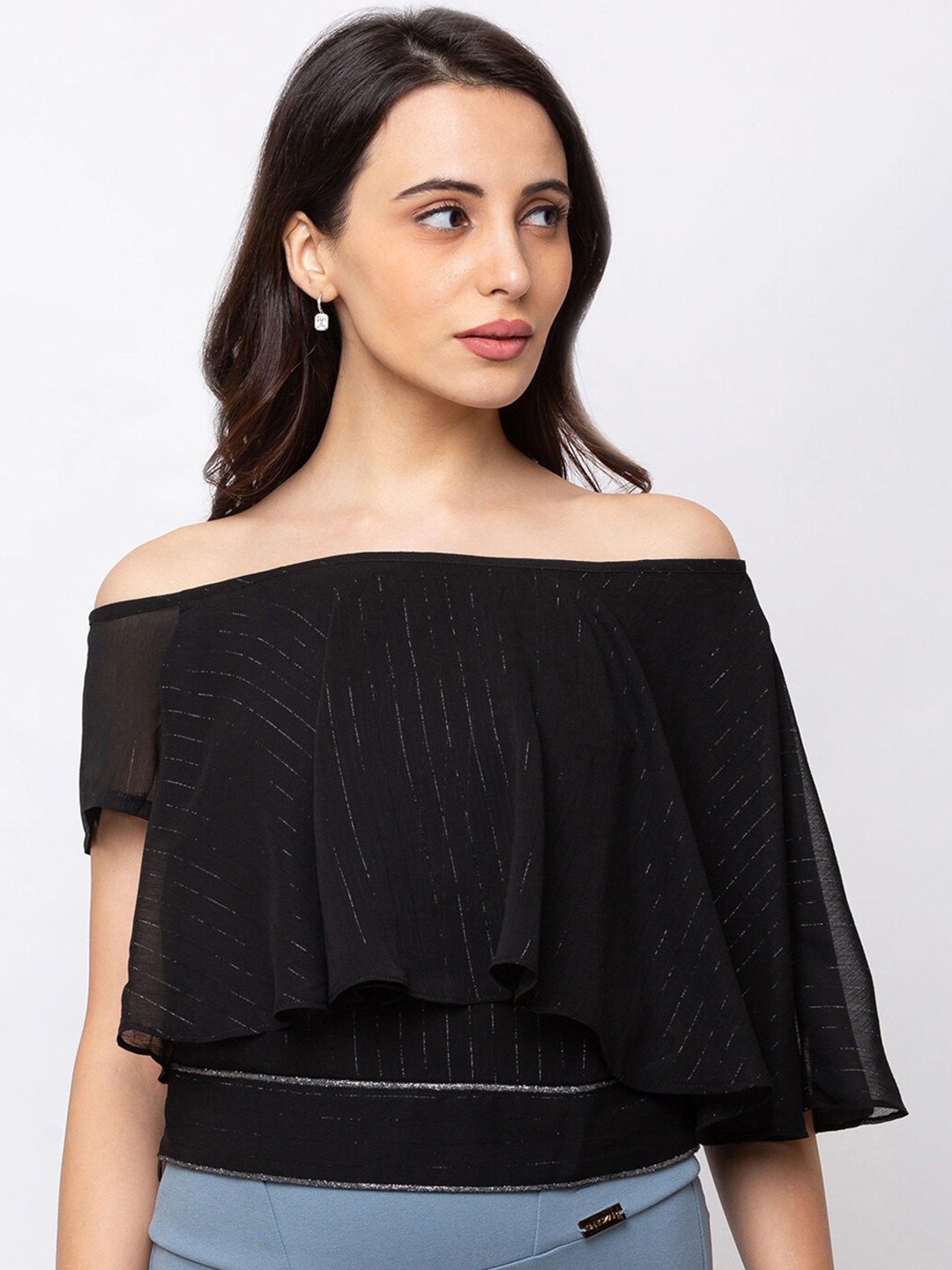 

SHECZZAR Women Black Solid Bardot Top