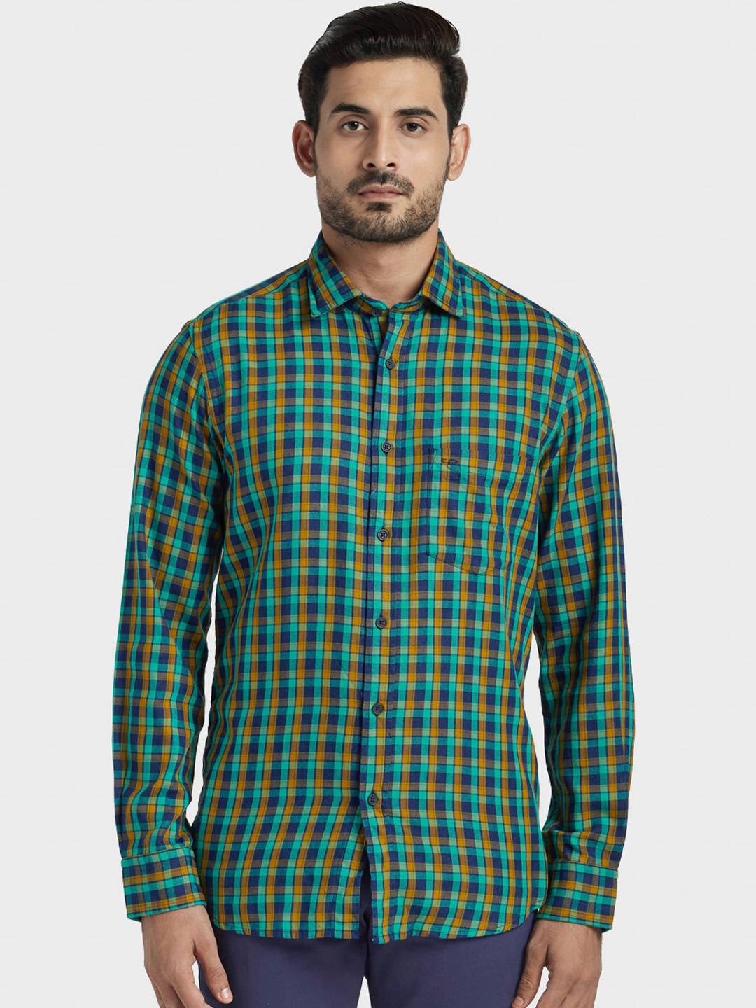 

ColorPlus Men Green & Navy Blue Tailored Fit Checked Casual Shirt