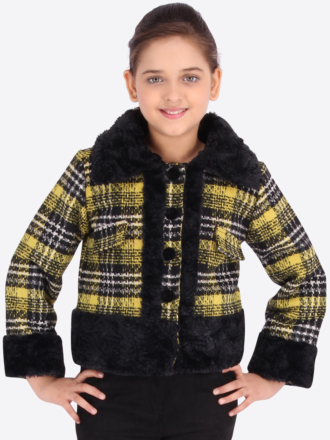 

CUTECUMBER Girls Yellow & Black Checked Parka Coat