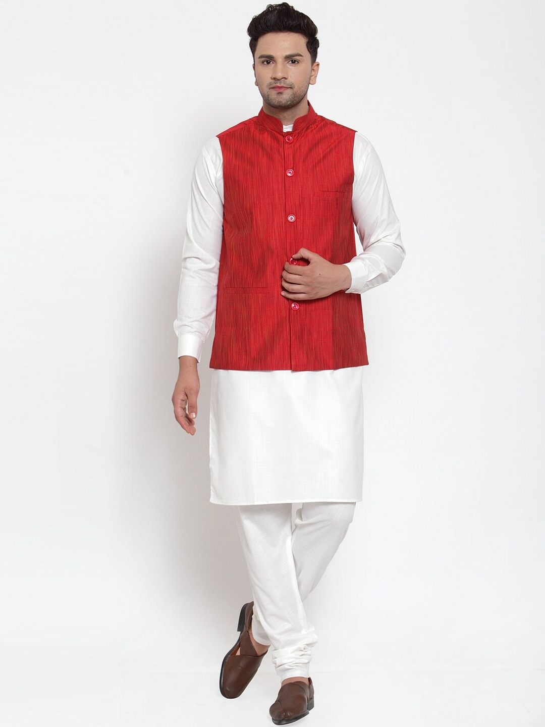 

Jompers Men Red & Off-White Solid Kurta with Churidar