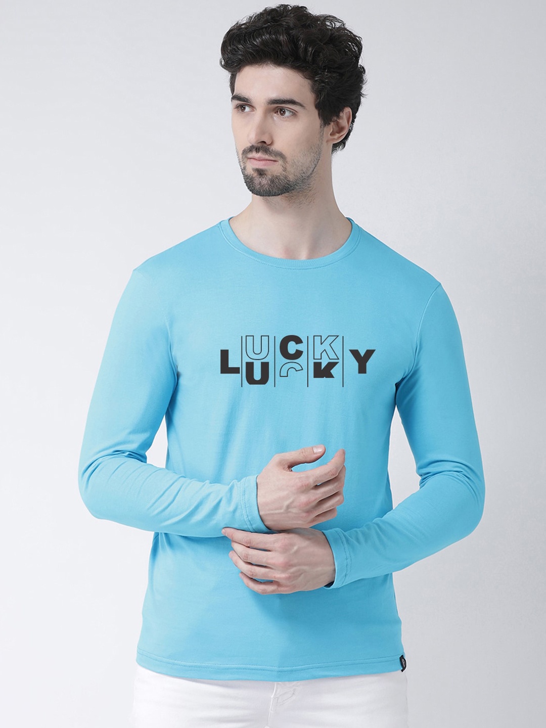

Friskers Men Turquoise Blue Printed Round Neck Pure Cotton T-shirt