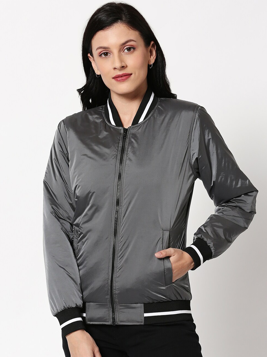 

Bewakoof Women Grey Solid Water Resistant Bomber