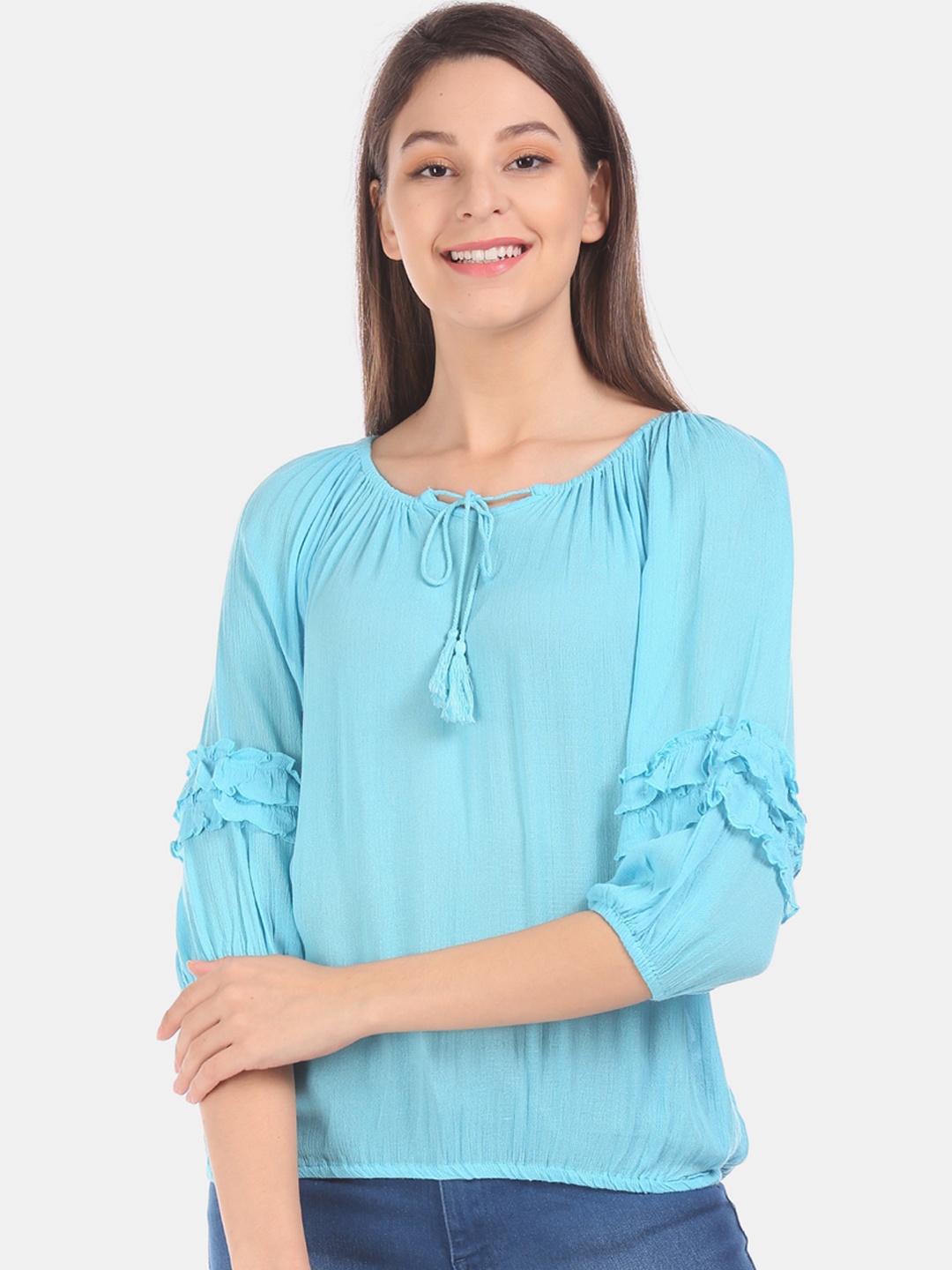 

Cherokee Women Blue Solid Blouson Top