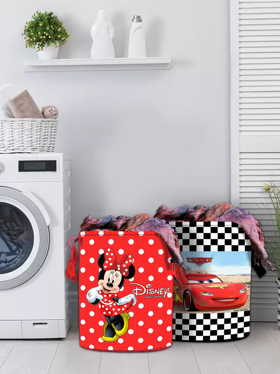 Set Of 2 Black & Blue Disney Printed Waterproof Cotton Laundry Bags 45 L, Red