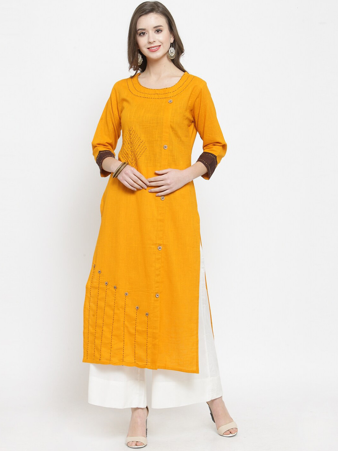 

KSUT Women Yellow & Brown Embroidered Straight Kurta