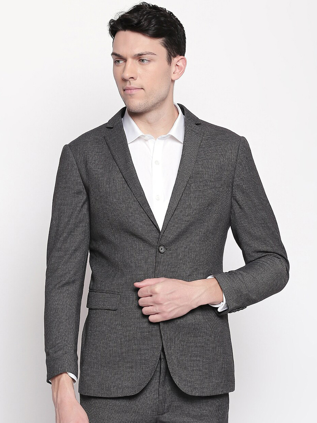 

Basics Men Grey & Black Self Design Comfort-Fit Formal Blazer