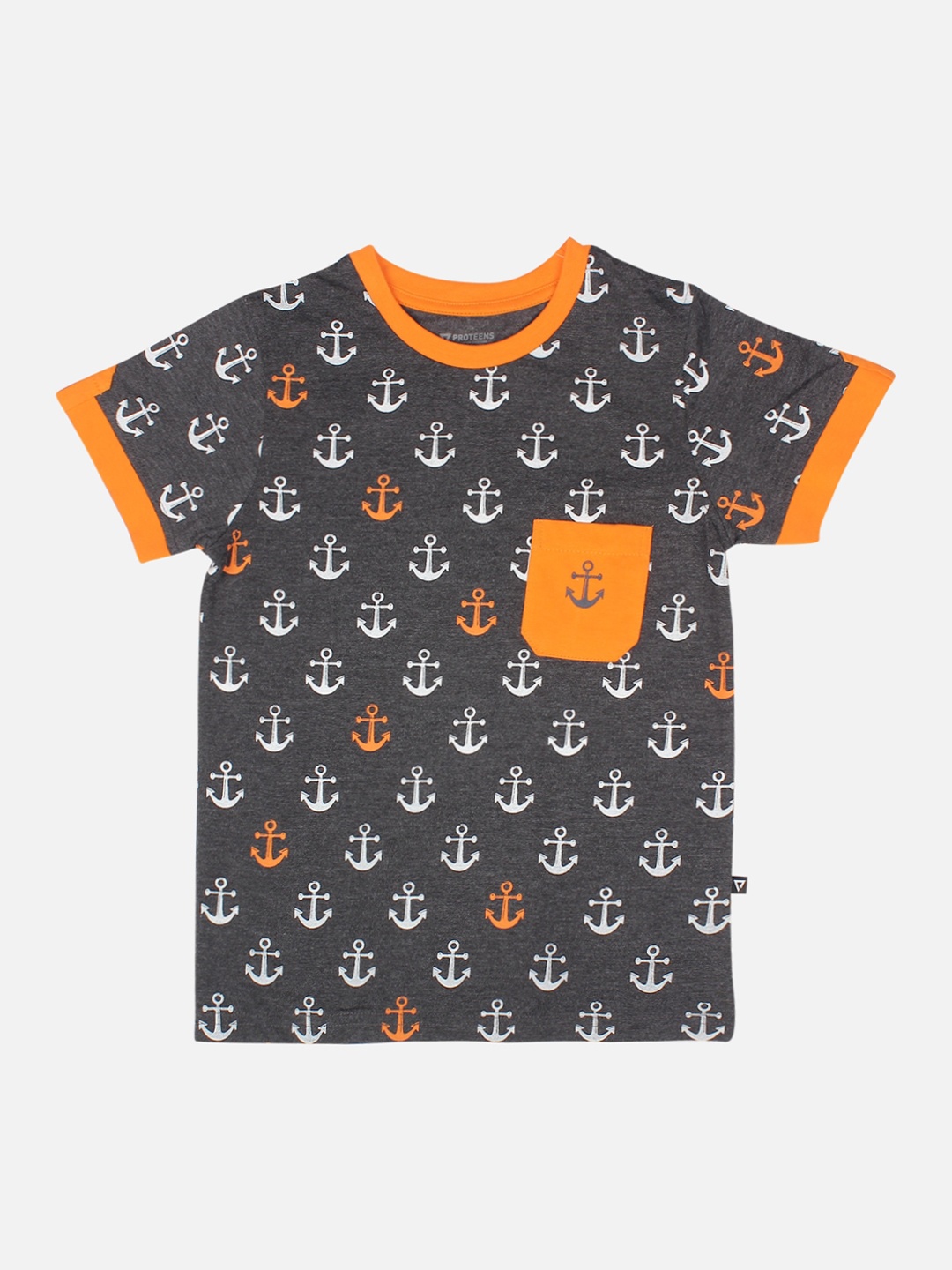

PROTEENS Boys Grey & Orange Printed Round Neck T-shirt