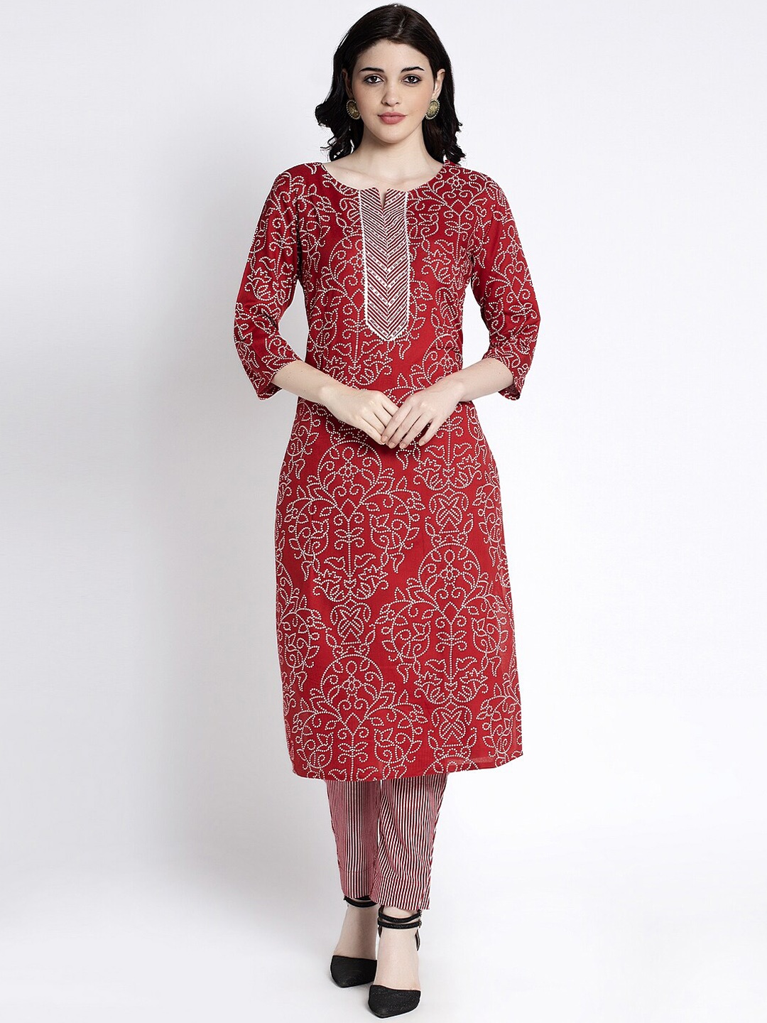 

ANAISA Women Red & Off-White Printed Kurti with Trousers