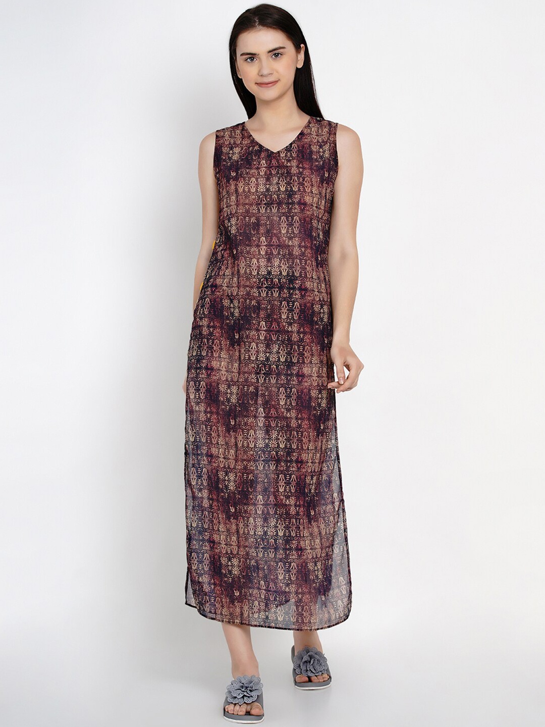 

EROTISSCH Women Brown & Beige Printed Swimwear Cover-Up Dress
