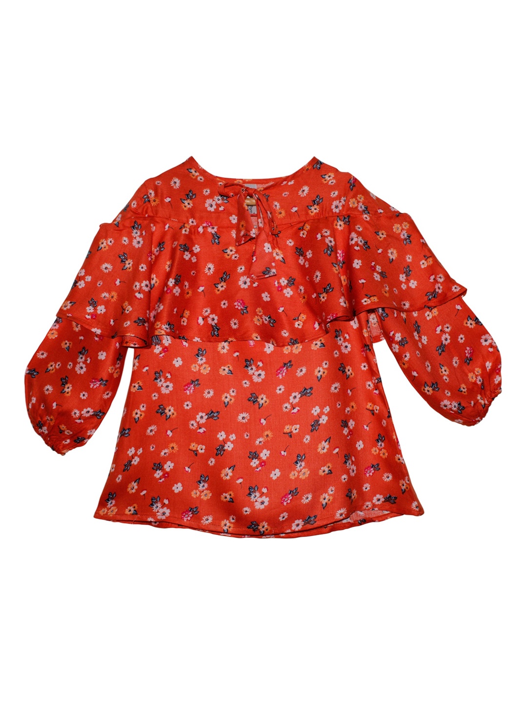 

KiddoPanti Girls Peach-Coloured Floral Printed A-Line Top