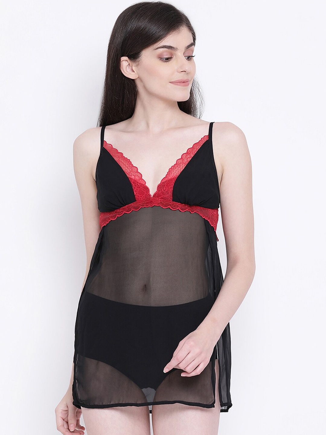 

Clovia Women Black Self Design Sheer Babydoll NS1245P13S