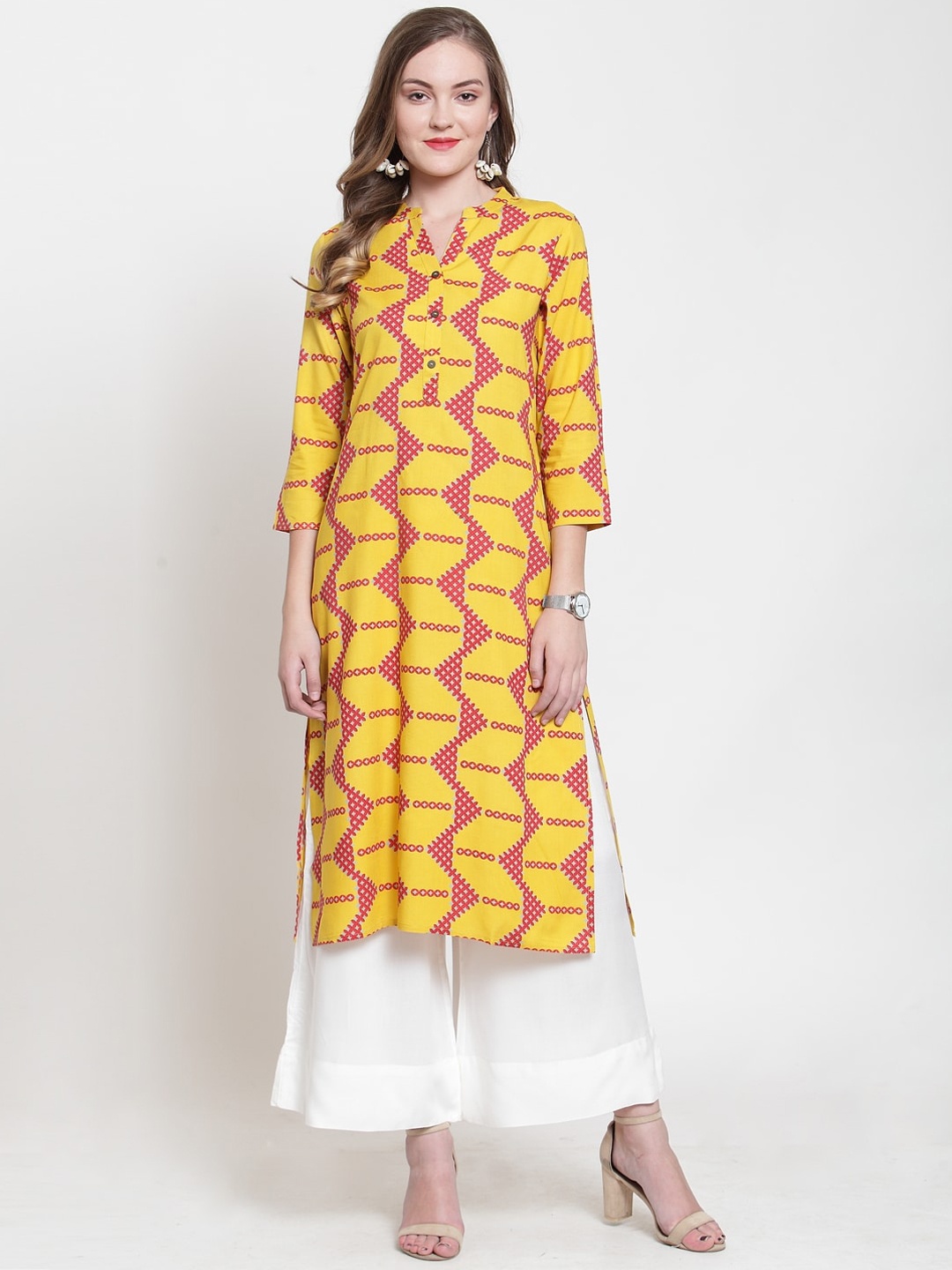 

KSUT Women Yellow & Red Printed Straight Kurta