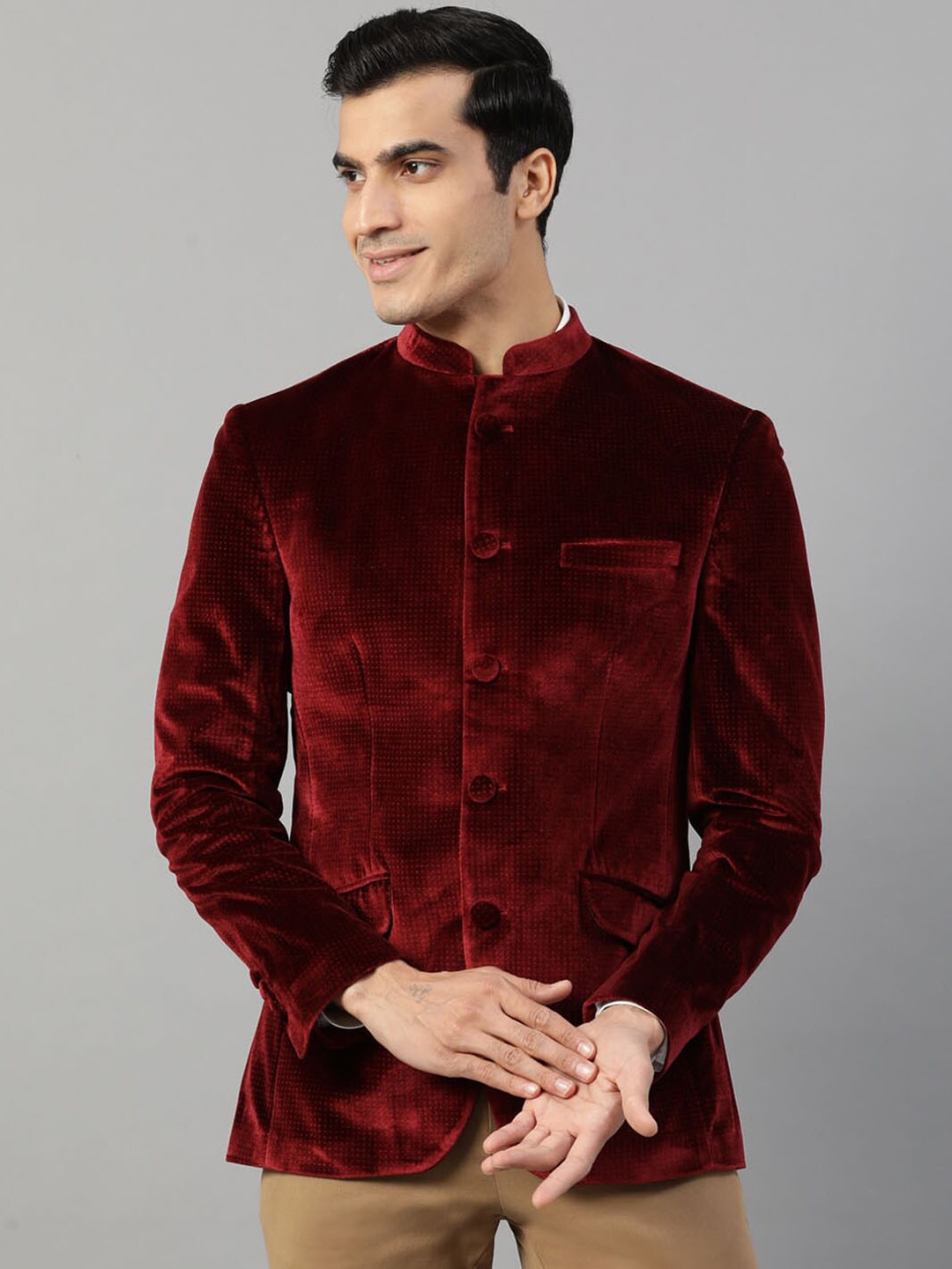 

HARSAM Men Maroon Self-Design Bandhgala Blazer