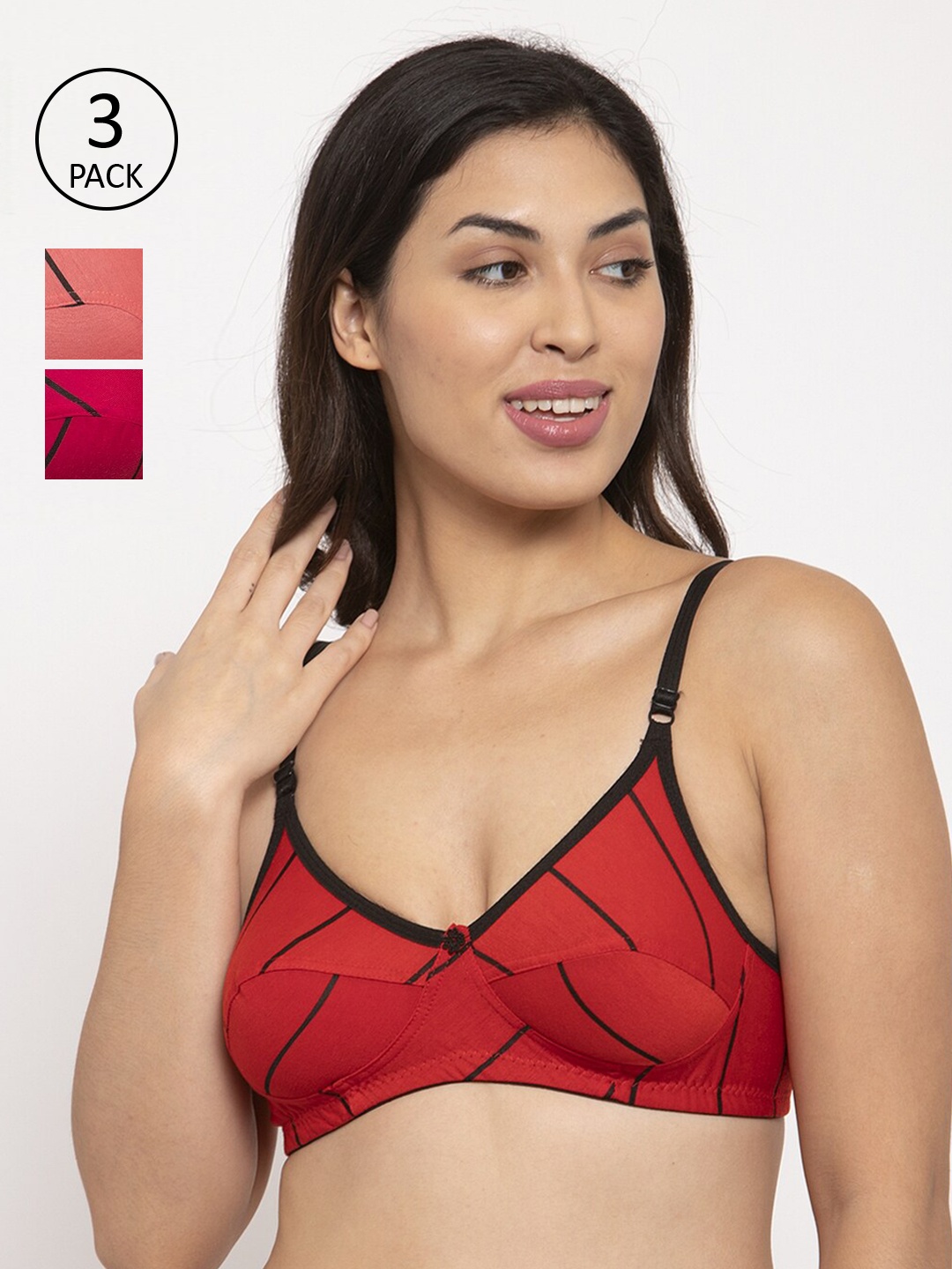 

Innocence Pack of 3 Printed Non-Padded Non-Wired Everyday Bras BBAPLIN90645, Red