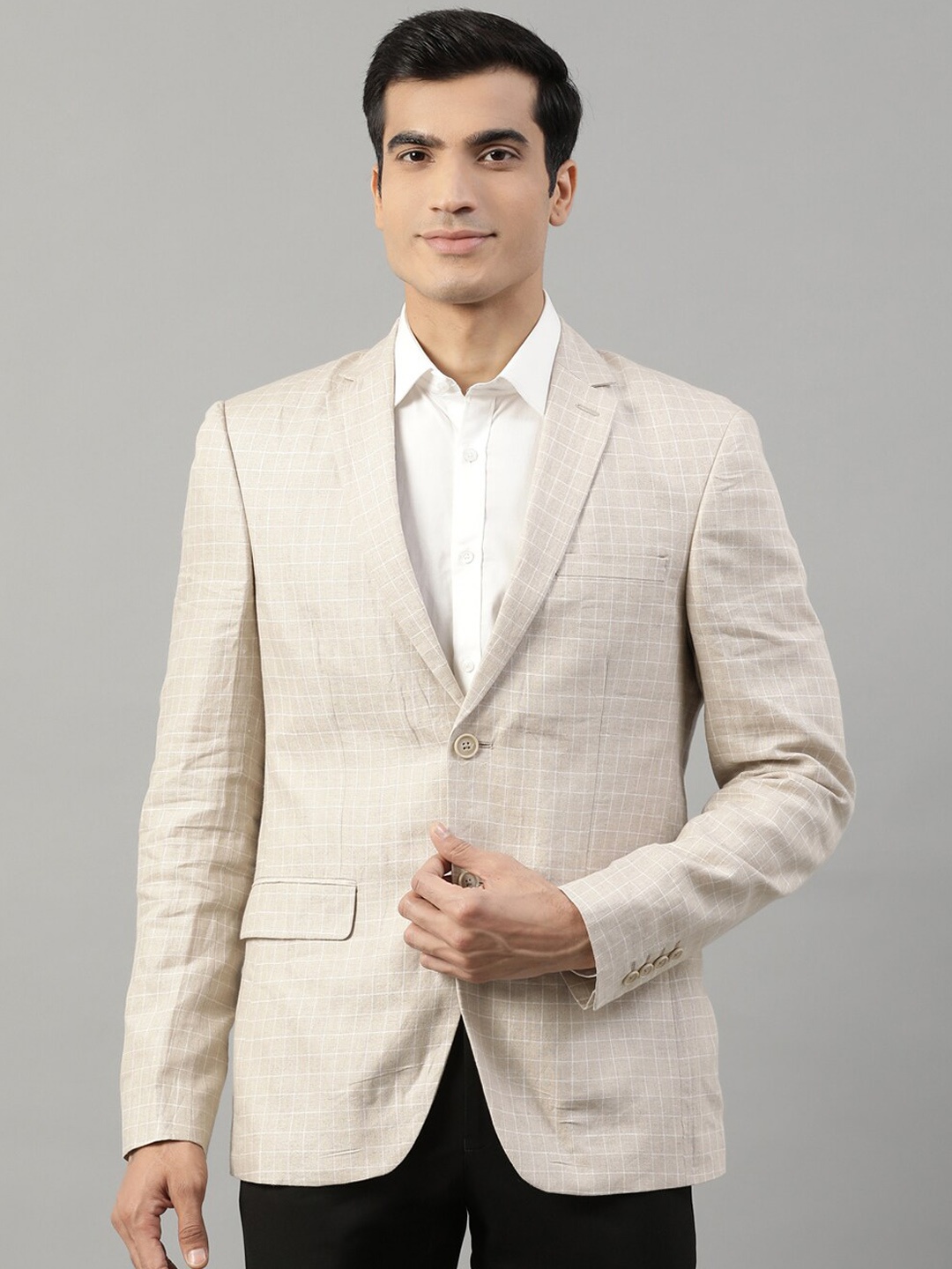 

HARSAM Men Beige Coloured Checked Regular-Fit Single-Breasted Formal Blazer
