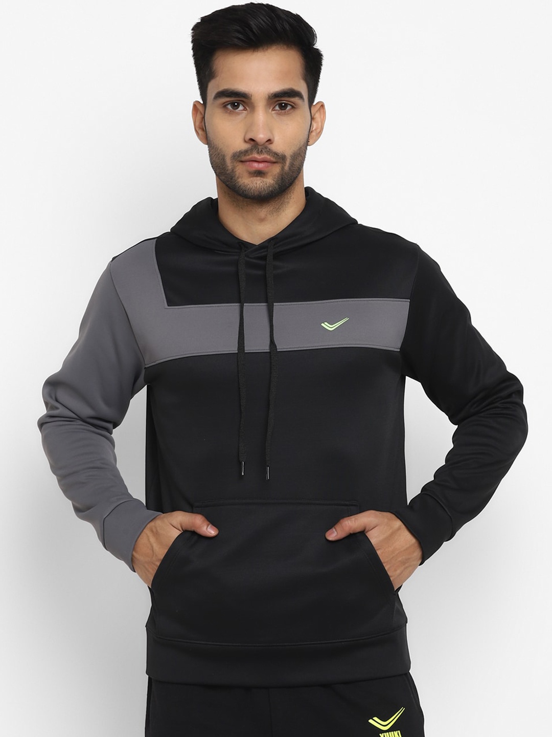 

Yuuki Men Black & Grey Colourblocked Hooded Sweatshirt