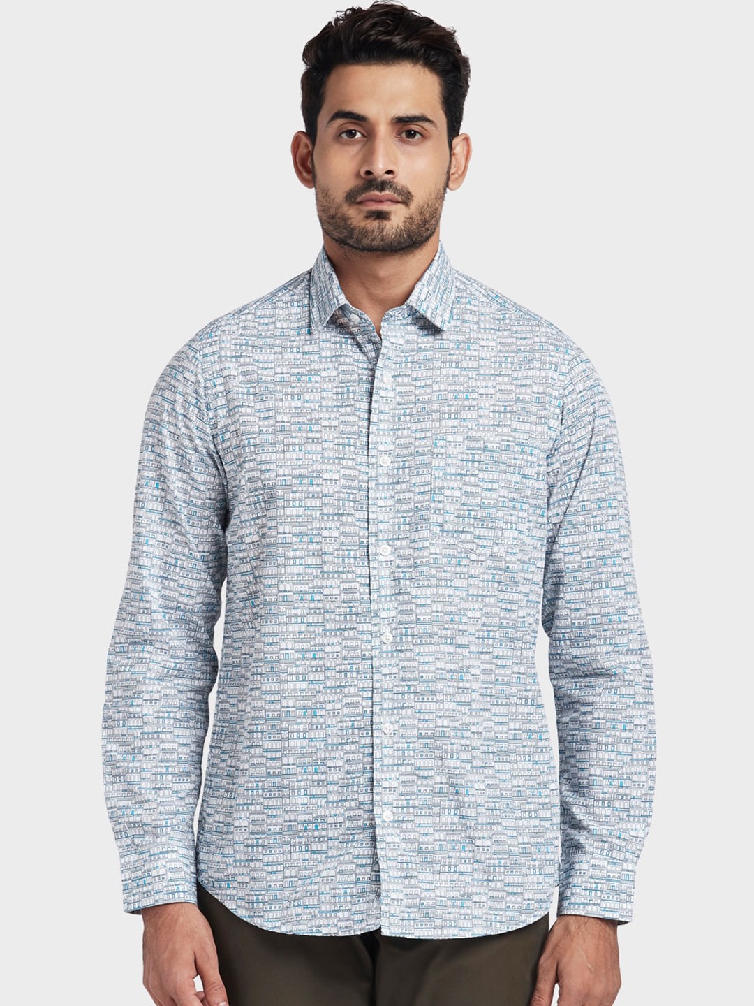 

ColorPlus Men Blue & White Regular Fit Printed Casual Shirt