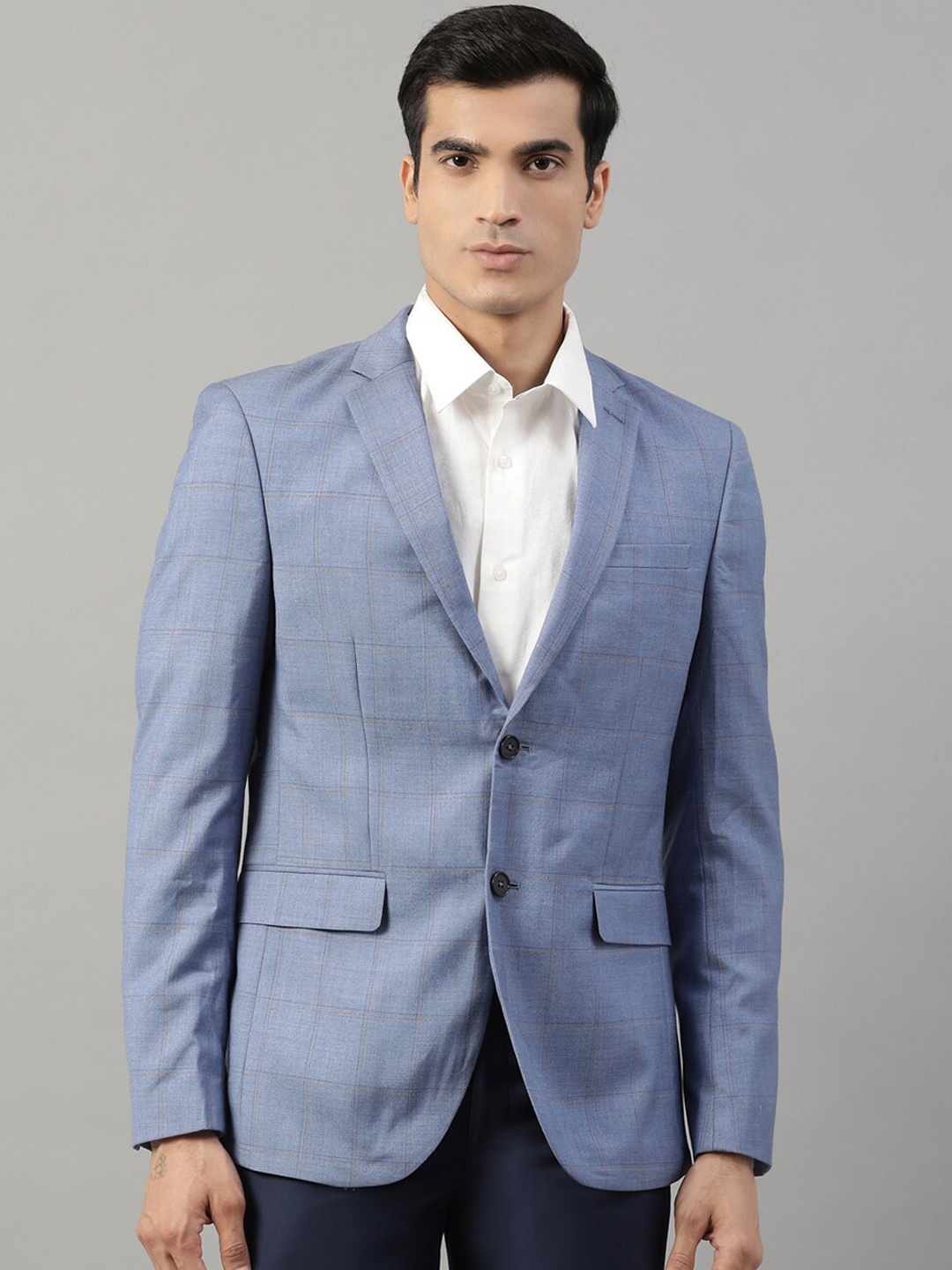 

HARSAM Men Blue Checked Single-Breasted Formal Blazer