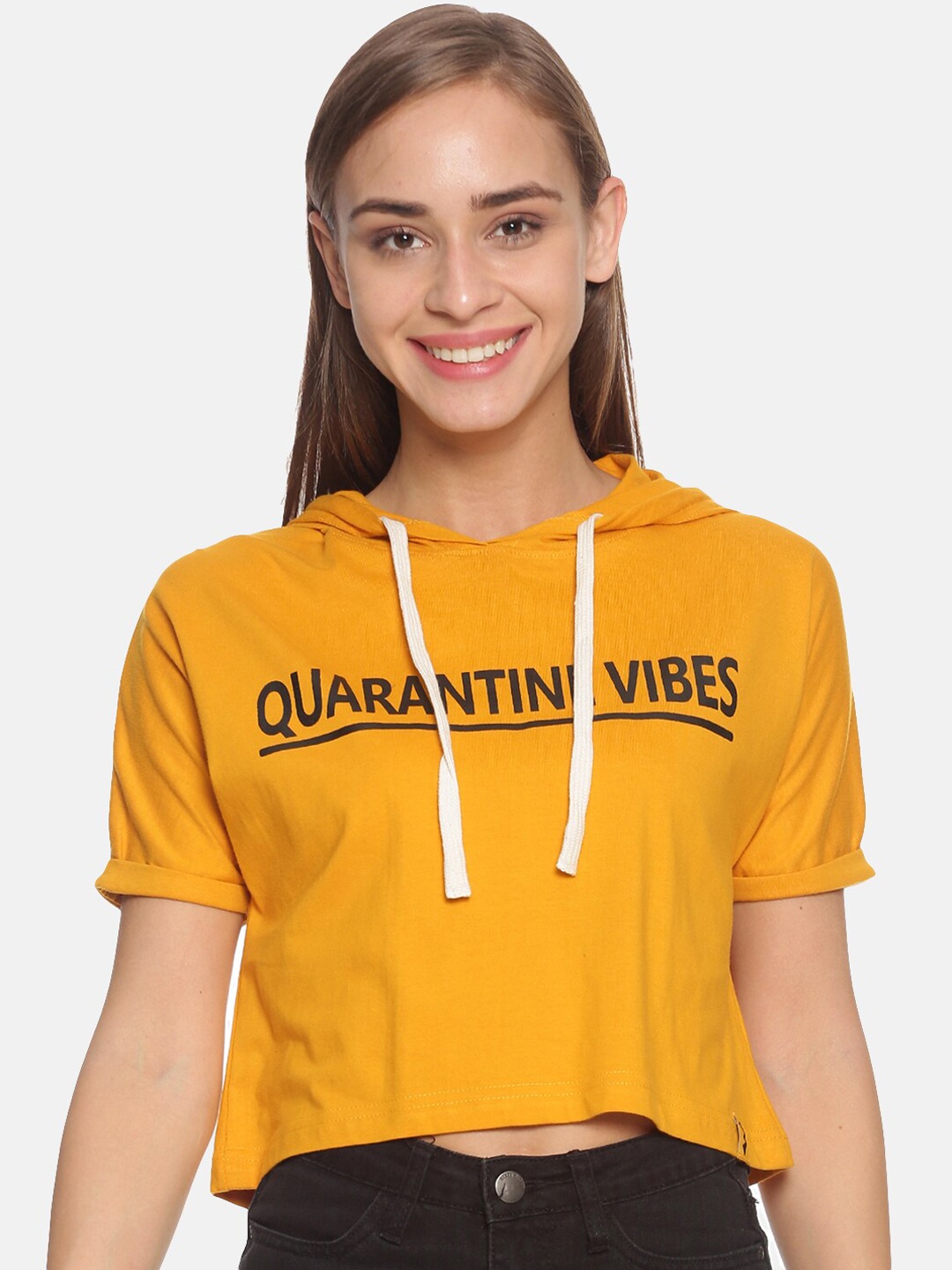 

Campus Sutra Women Mustard Yellow Printed Hooded Crop Pure Cotton Top