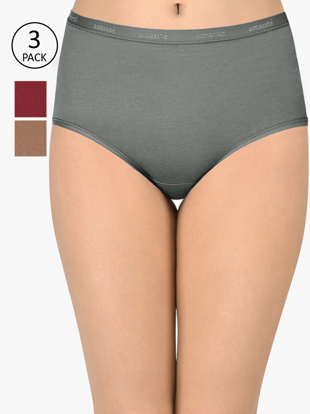 Amante Women Pack of 3 Solid High-Rise High Waist Basic Briefs PPK53001, Grey