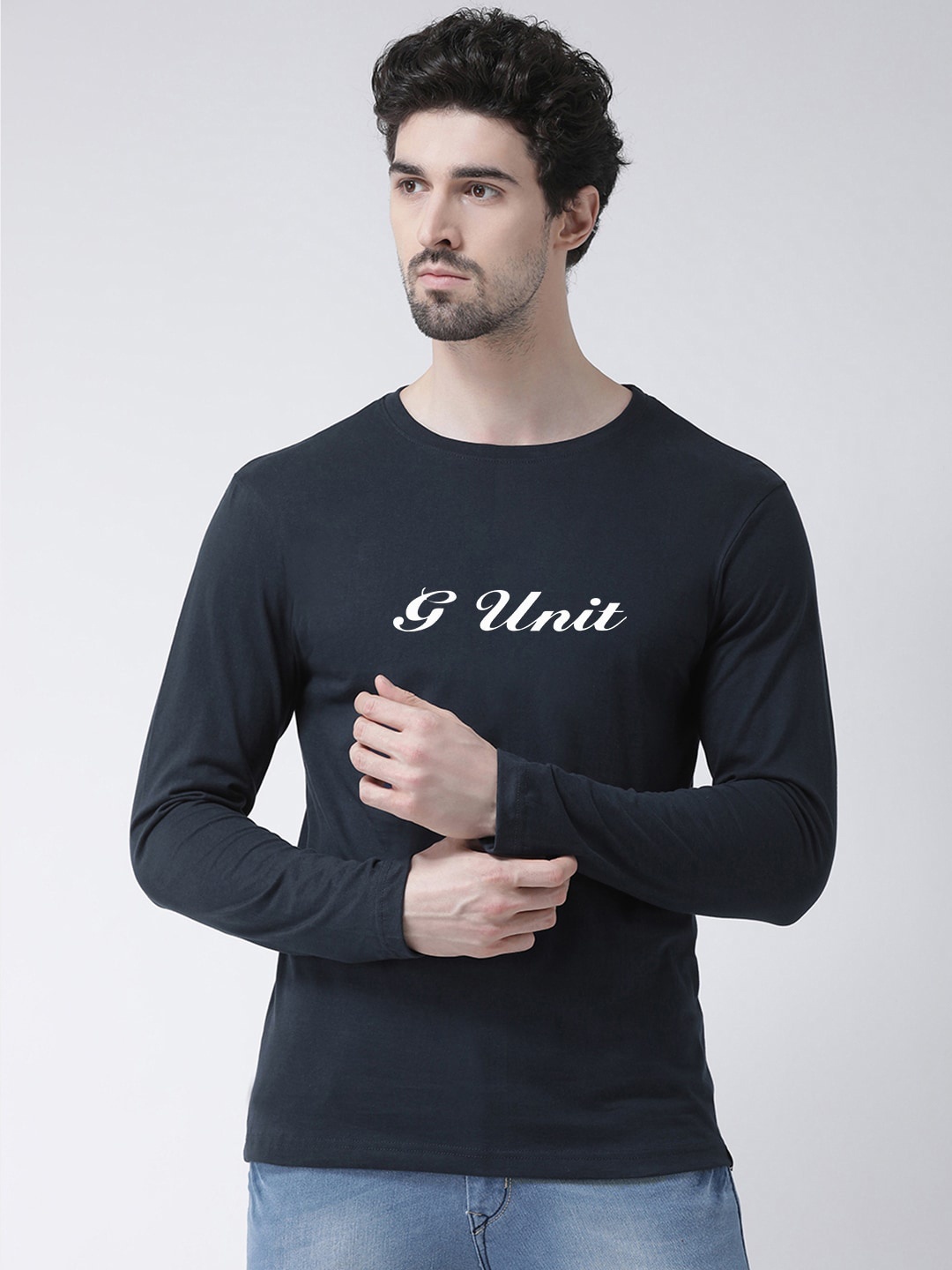 

Friskers Men Navy Blue Printed Round Neck Pure Cotton T-shirt