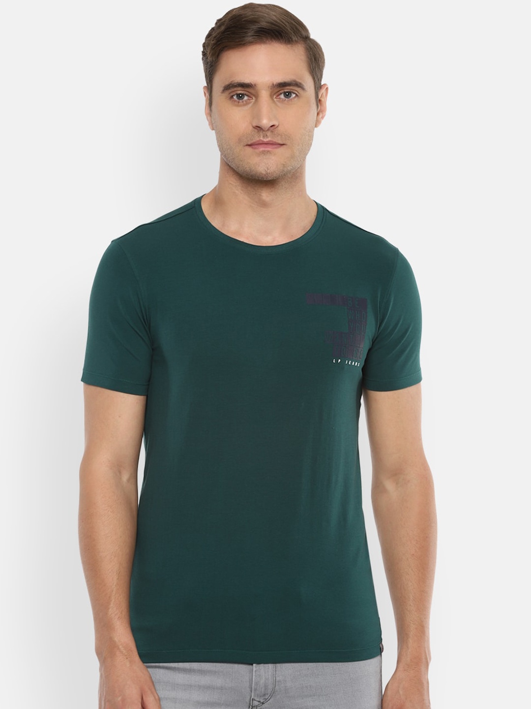 Louis Philippe Jeans Men Green Solid Cotton Round Neck Pure Cotton T-shirt