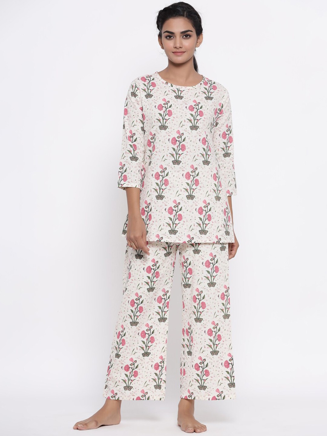 

Fabriko Women White & Pink Floral Printed Night Suit MND103_
