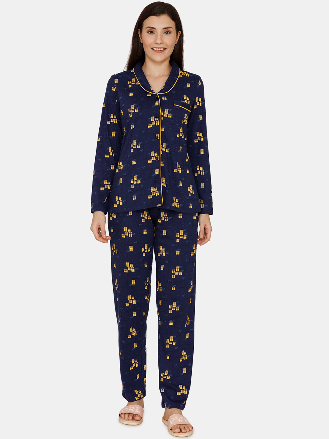 

Zivame Women Navy Blue & Yellow Printed Night Suit