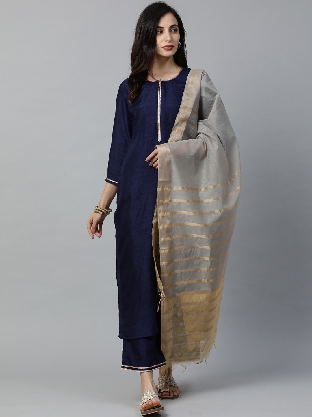 

Indo Era Women Navy Blue & Grey Solid Kurta with Palazzos & Dupatta