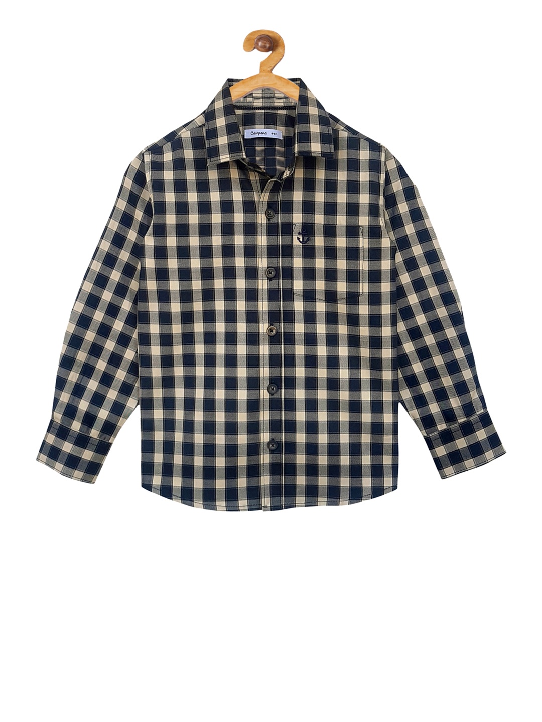 Campana Boys Navy Blue & Beige Regular Fit Checked Casual Shirt