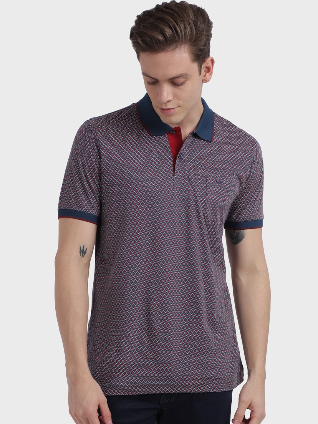 

ColorPlus Men Navy Blue Striped Polo Collar T-shirt