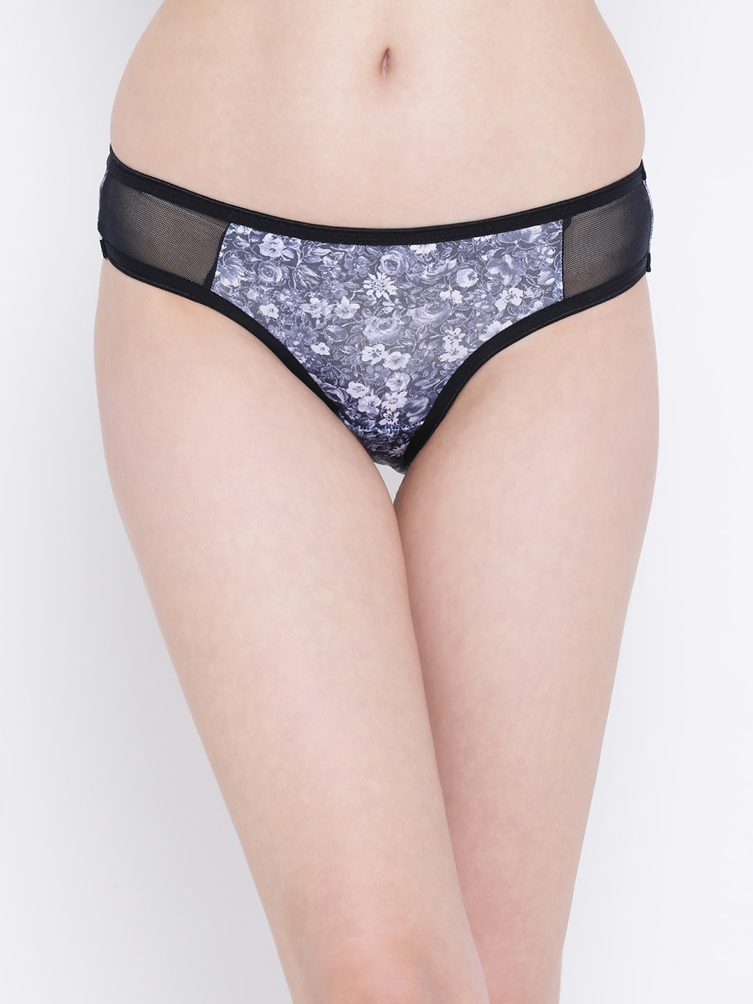 Clovia Women Navy Blue & Black Floral Print Lace Bikini Briefs-PN3150X083XL