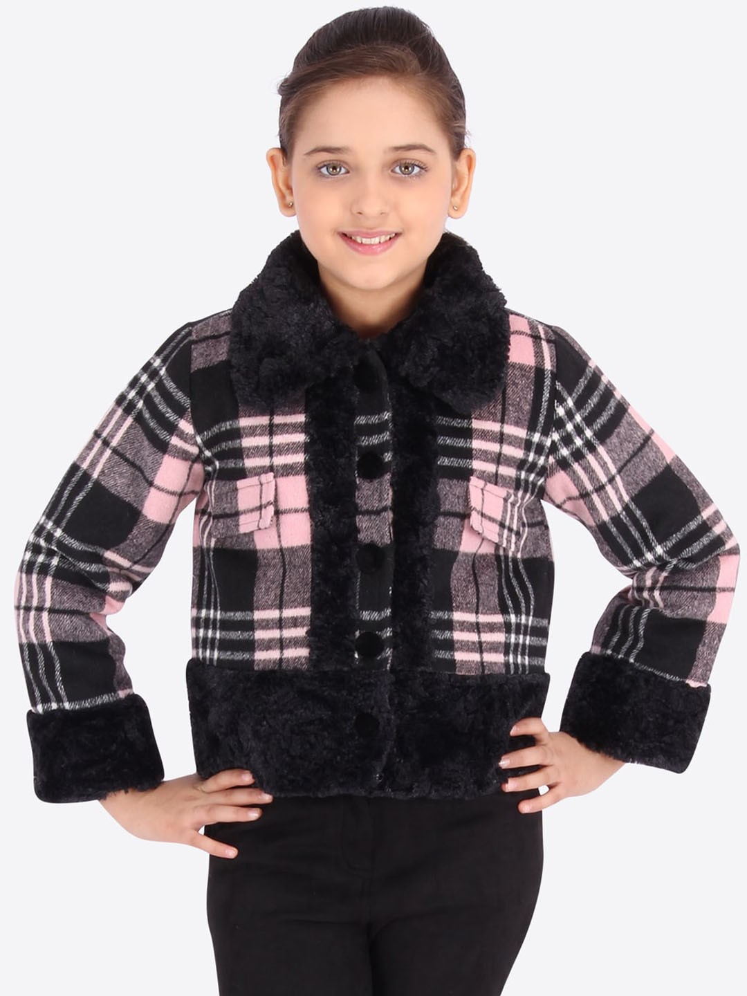 

CUTECUMBER Girls Pink & Black Checked Winter OverCoat