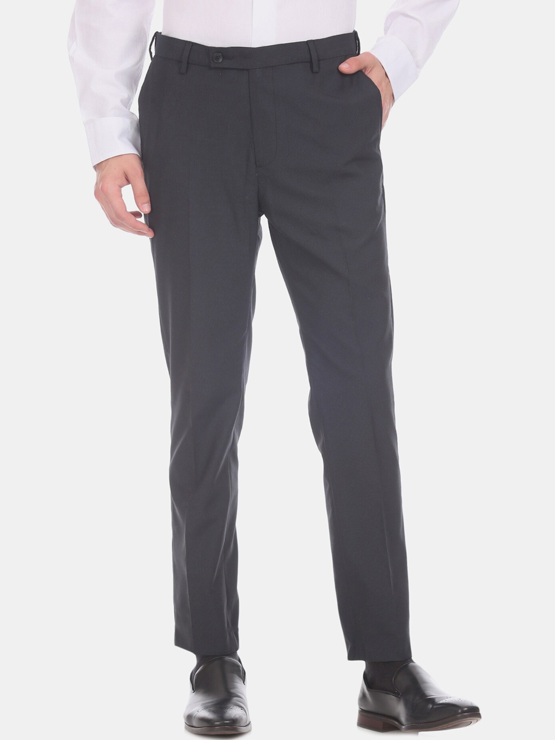 

Arrow Men Blue & Grey Regular Fit Self Design Formal Trousers
