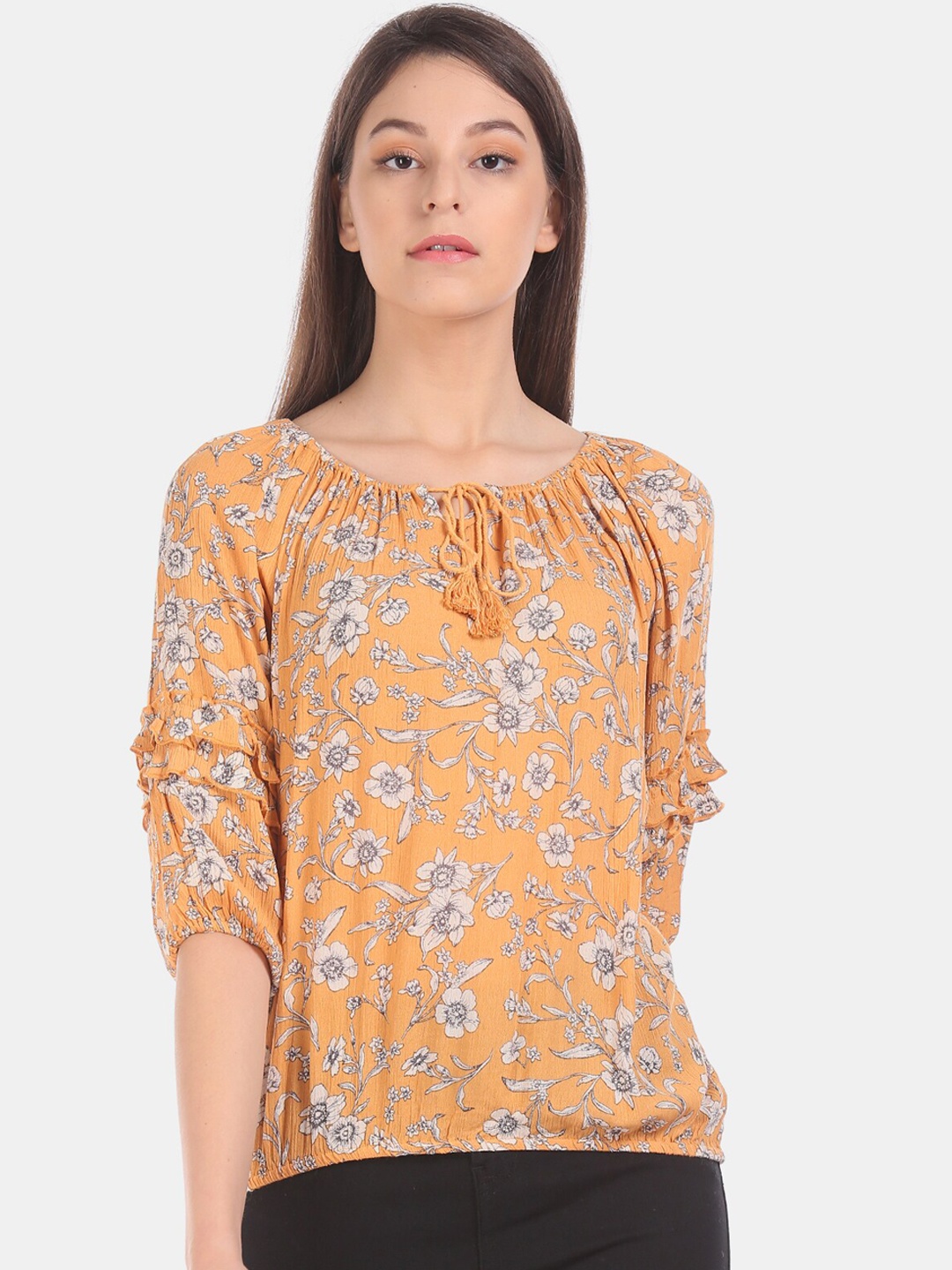 

Cherokee Women Mustard Yellow Printed Top