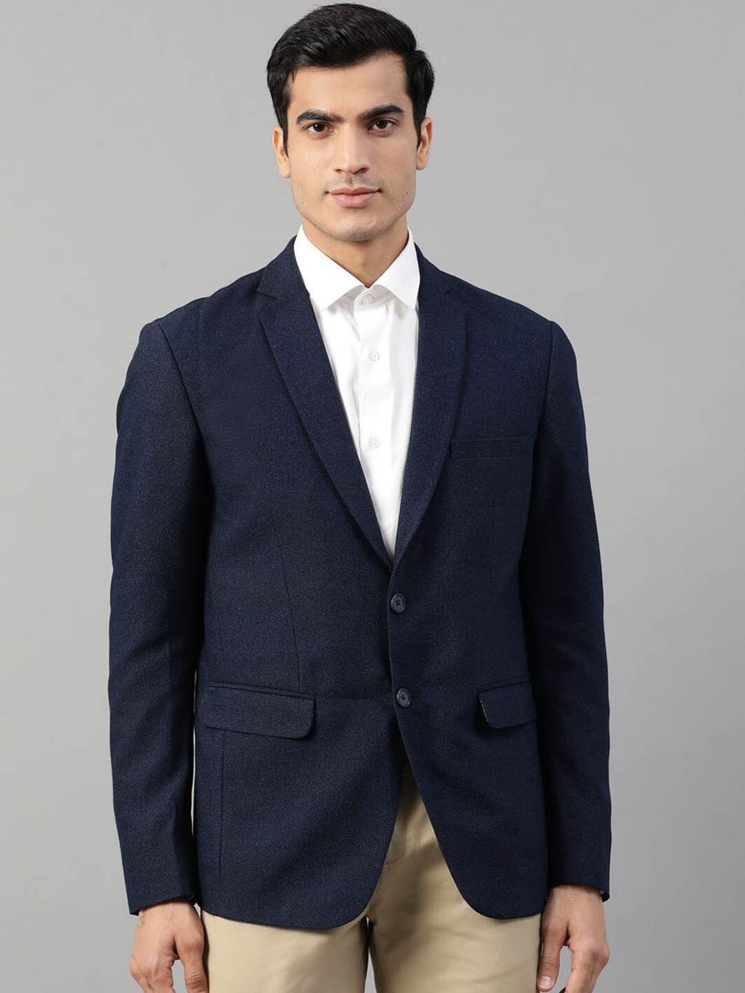 

HARSAM Men Navy Blue Solid Single-Breasted Formal Blazer