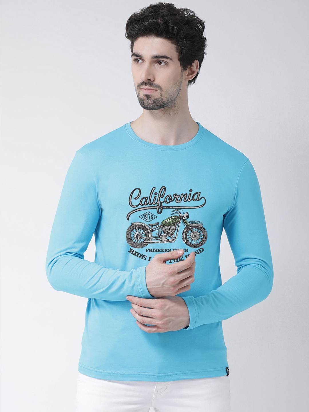 Friskers Men Turquoise Blue Printed Round Neck T-shirt